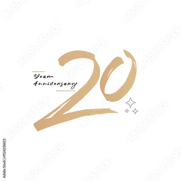 Obraz Elegant 20th anniversary celebration design with handwritten golden brushstroke style and sparkles on white background. Perfect for business milestones and commemorative events.