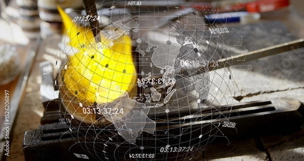 Obraz Image of data processing with globe over fire