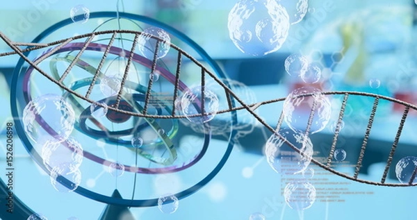 Fototapeta Image of dna strand and bubbles over lab