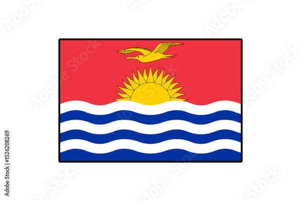 Fototapeta The flag features a red background, a golden sun rising above waves. Below the sun is a yellow frigatebird soaring above blue and white stripes, symbolizing Kiribati's culture and geography.