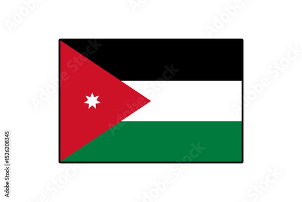 Fototapeta This vector design showcases the flag of Jordan featuring three horizontal stripes of black, white, and green, with a red triangle and a white seven-pointed star on the left side.