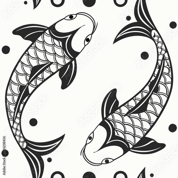 Obraz Seamless black and white illustration of two koi fish in circular motion with decorative scales and dotted accents
