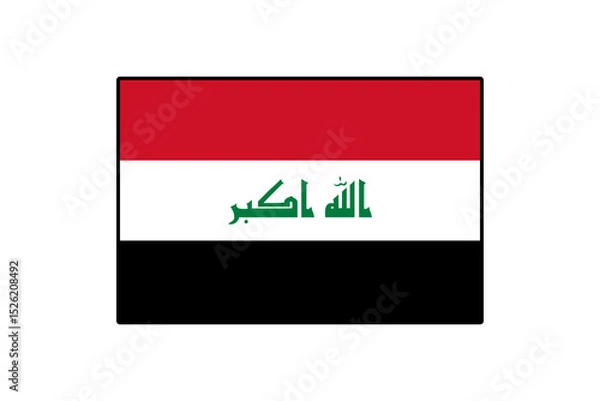 Fototapeta This vector showcases the national flag of Iraq, featuring red, white, black, and green colors, symbolizing the country's heritage and unity. The design includes Arabic script central to its identity.