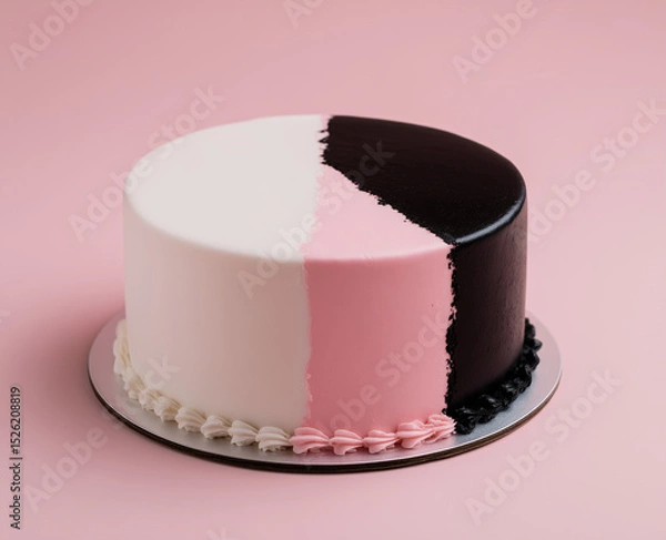 Fototapeta A pure white background and a pink and black cake. The left side of the cake body is black and the right side is pink. These two colors are divided into two halves. This kind of cake is the perfect ch
