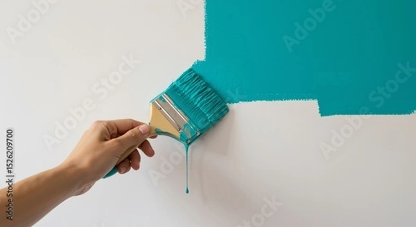 Fototapeta Person's hand with a paintbrush applying bright teal paint onto a plain white wall. Home renovation, interior design update, and do-it-yourself decorating concept.