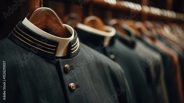 Fototapeta Elegant menswear display featuring tailored jackets and unique collars on hangers in a chic boutique background capturing luxury fashion aesthetics