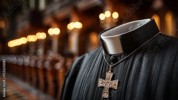 Fototapeta Detailed Close-Up of a Clerical Collar and Cross Pendant in a Historic Church Interior with Soft Ambient Lighting and a Traditional Altar in the Background