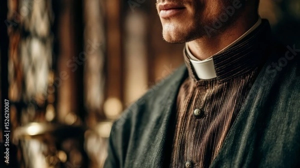 Fototapeta Close-Up Portrait of a Stylish Clergyman in a Richly Textured Setting, Embodying Tradition and Modernity in Religious Attire and Expression