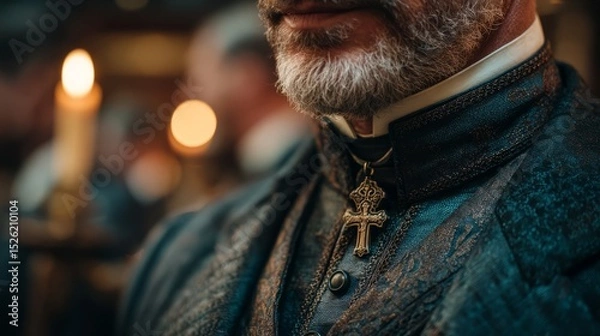 Fototapeta Close-Up of a Male Figure in Historical Costume with Cross Pendant and Candlelight Background in a Dimly Lit Setting
