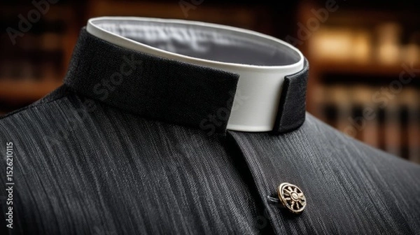 Fototapeta Close-Up of Black Clergy Shirt with White Collar and Decorative Button on a Wooden Background for Religious Themes and Spiritual Contexts