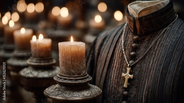 Fototapeta Dark and Mysterious Religious Ceremony with Flickering Candles and Cloaked Figure in an Enigmatic Gothic Setting