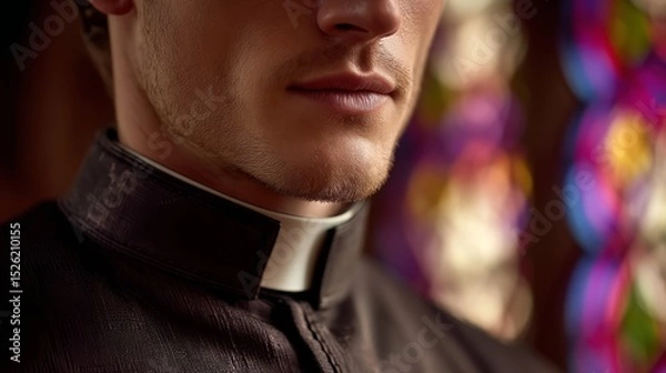 Fototapeta Close-up Portrait of a Young Man in Clerical Attire by Stained Glass Window with Soft Natural Light Playing on Facial Features