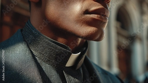 Fototapeta Close-up of a well-dressed man in a clerical collar, showcasing rich textures and soft lighting, highlighting facial features and clothing design