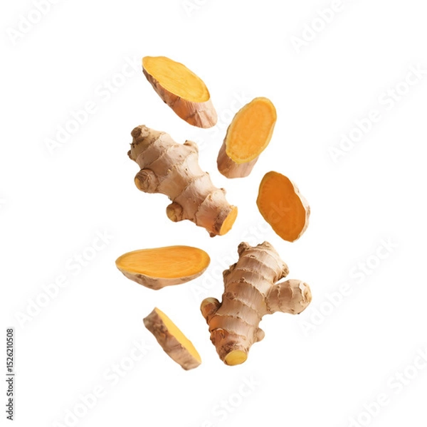 Fototapeta Fresh ginger and turmeric root slices isolated on transparent background