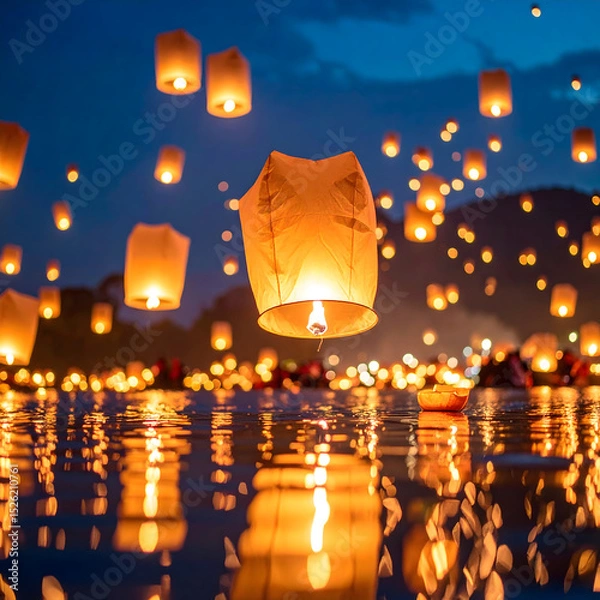 Fototapeta Illuminated Sky Lanterns Floating Over Calm Water at Night Festival
