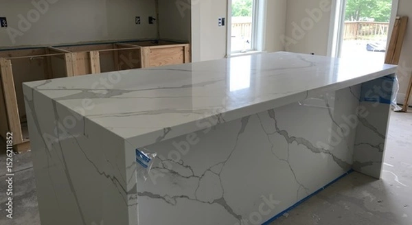 Fototapeta New Quartz Kitchen Island Countertop with Waterfall Edge in Home Under Construction. Modern Interior Design and Renovation Project.