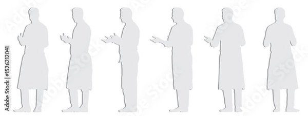 Fototapeta Vector concept conceptual gray paper cut silhouette of a male waiter taking an order from different perspectives isolated on white background. A metaphor for working, business, relaxation and lifestyl