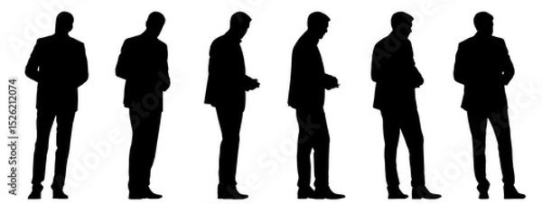 Fototapeta Vector concept conceptual black silhouette of a businessman having a cup of coffee in hand from different perspectives isolated on white background. A metaphor for break, business and lifestyle