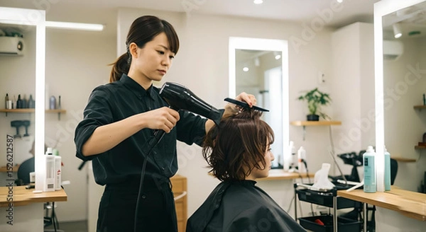 Obraz 女性美容師がドライヤーとコームで丁寧にスタイリングする施術シーン、清潔感のある美容室内で落ち着いた雰囲気のプロフェッショナルサービス -生成AI