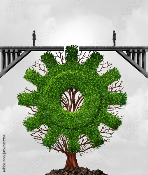 Fototapeta Business Meeting Concept as two business people divided on a broken bridge united by industry as a tree symbol with a gear or cog symbol representing growing partnership success.