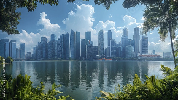 Fototapeta stunning view of modern skyscrapers reflecting in serene lake, surrounded by lush greenery