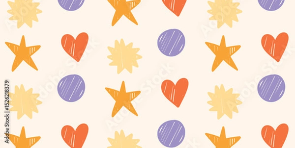 Obraz Seamless Pattern of Hand Drawn Doodle Shapes. Hearts, Stars, Circles, Spiky Abstract Forms in Crayon Style. Pastel Background. Vector Illustration for Print and Design