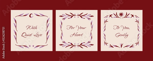 Obraz Set of three vertical greeting card templates with floral and botanical hand drawn borders. Autumn color palette with symmetrical layout. Illustration for postcards, prints, invitations, banners