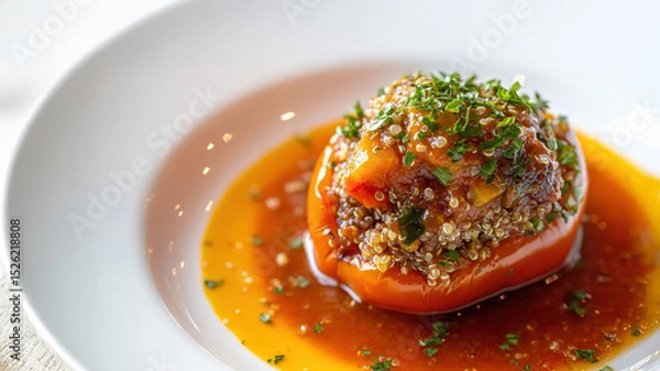 Fototapeta Stuffed tomato with quinoa on white plate garnished with fresh herbs and sauce