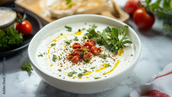 Fototapeta Creamy yogurt soup with cherry tomatoes and mint garnish on marble surface.