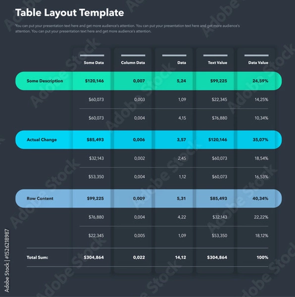 Obraz Table layout template with three options and a total sum row - dark version. Simple flat template for project data visualization.