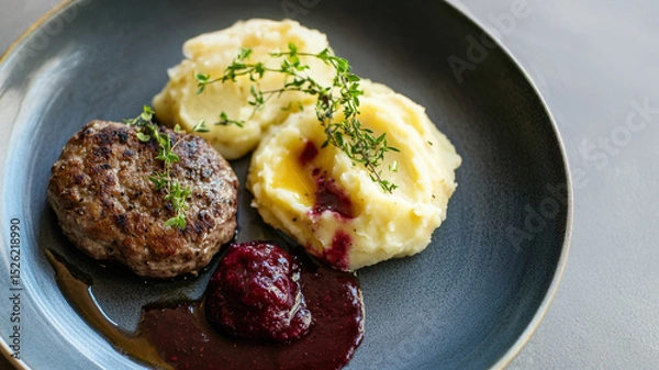 Fototapeta Venison patty with mashed potatoes and lingonberry sauce on gray plate.
