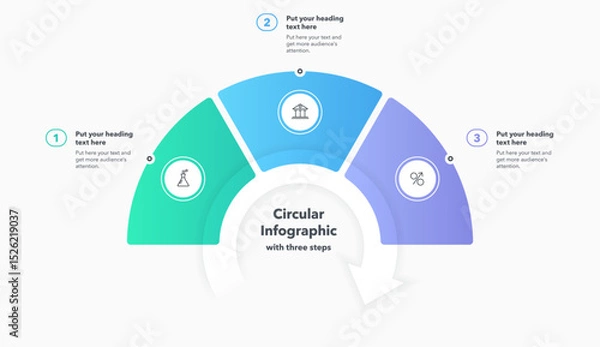 Fototapeta Circular infographic diagram divided into three steps. Flat design with minimalistic icons and place for your texts.