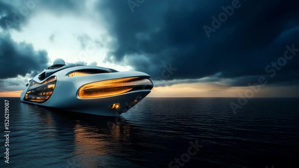 Fototapeta Futuristic cargo ship on calm ocean at sunset. Copy space