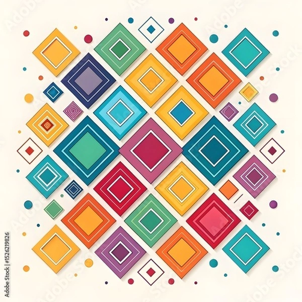 Fototapeta "Colorful abstract geometric pattern with layered diamonds and dots on a light background."

