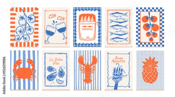 Fototapeta Vintage food posters. Kitchen frame banner. Food and drinks compositions with fruit, fish, wine, vegetables, sardines for cafe menu. La dolce vita decor. Vector retro set