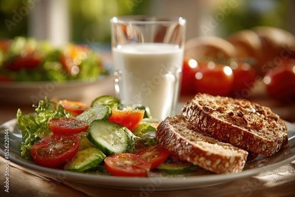Obraz Freshly prepared salad with vibrant vegetables, whole grain bread slices, and a glass of milk on a wooden table, showcasing a healthy meal concept and inviting atmosphere