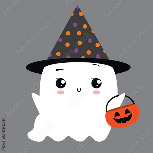 Fototapeta Cute flat ghost in a black party hat with a pumpkin-shaped candy basket in his hands. Vector illustration isolated on black background