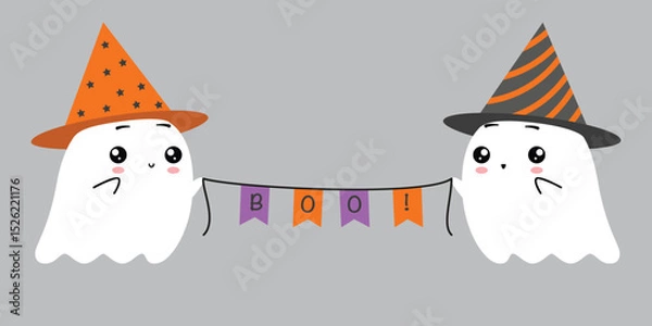 Fototapeta Two cute flat ghosts in party hats holding a garland of flags with the word Boo! written on them. Vector illustration isolated on black background