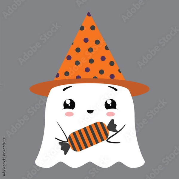 Fototapeta Cute flat ghost in a black party hat with a candy in his hands. Vector illustration isolated on gray background