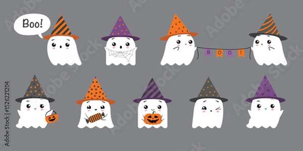 Fototapeta Collection of cute flat ghost in a party hats. Vector illustration isolated on gray background