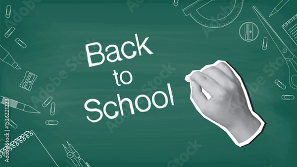 Fototapeta A hand writes a text Back to School on a blackboard with chalk, stationery items on background. Modern collage style. Vector illustration