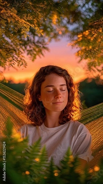 Fototapeta Digital-free moments in nature captured through peaceful solitude, A serene moment of relaxation in nature during sunset. Reflecting slow living with digital-free moments in nature surrounded by calm