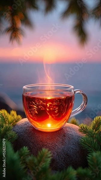 Fototapeta Digital-free moments in nature captured through peaceful solitude, A steaming cup of tea at sunset, surrounded by nature's beauty. Reflecting slow living with digital-free moments in nature 