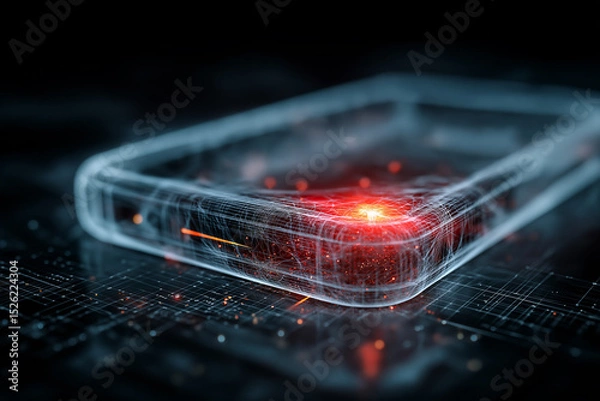 Fototapeta A digital illustration of an smartphone, portrayed with a network of glowing clean pristine blue lines 