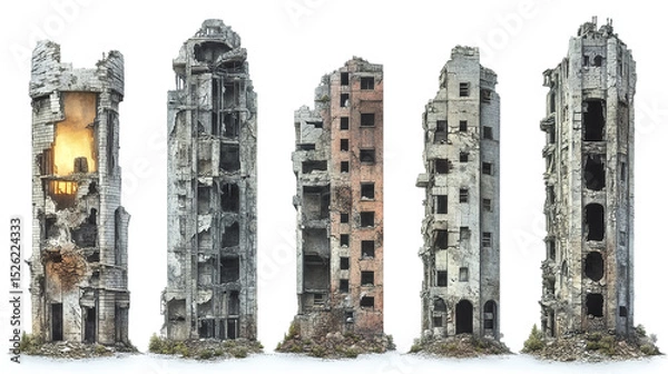 Fototapeta Ruined skyscrapers stand isolated, showcasing decay and abandonment, evoking sense of desolation