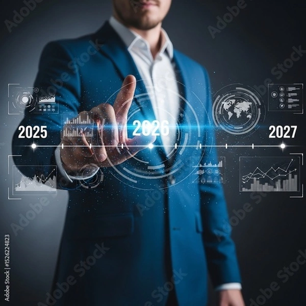 Fototapeta Businessman Interacting with Futuristic 2026 Timeline Interface