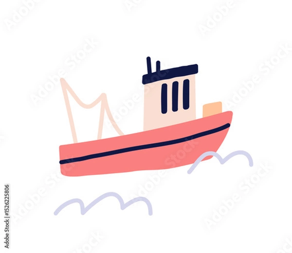 Fototapeta Sailing ship icon, small boat on ocean waves, fishing vessel illustration, nautical travel scene, scandinavian style drawing, sea journey symbol, maritime floating object flat vector illustration.