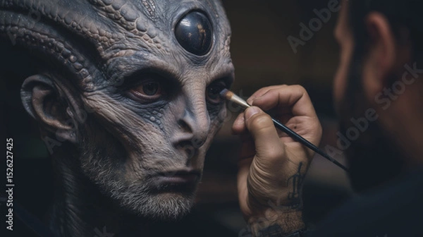Fototapeta Movie makeup artist applying prosthetics face of alien to actor with intricate details of makeup concept of special effect science fiction transformation and film production process  