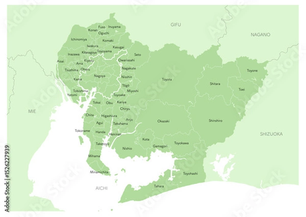 Fototapeta 【英語】日本の都市、愛知県の都市名や行政区分付きの地図（市町村の地名や、行政区分の線付き）