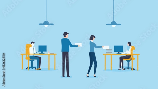Fototapeta Office Workflow Vector Document Exchange Employees Collaboration Corporate Scene Desk Jobs Teamwork
